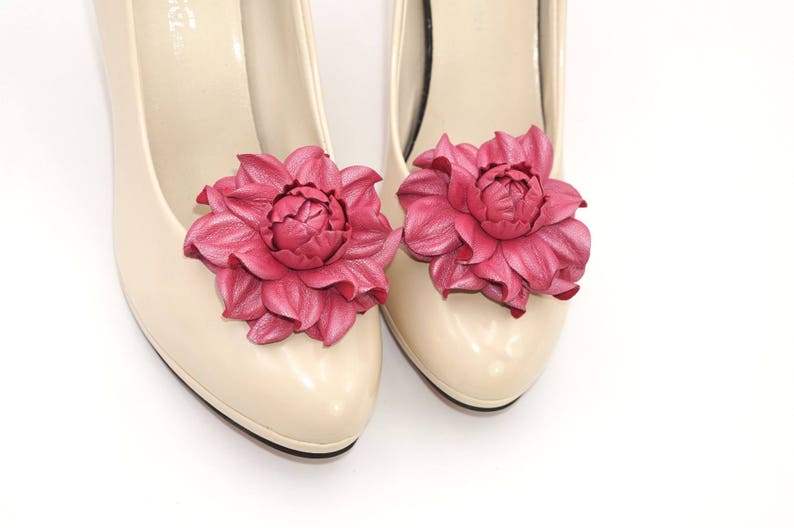 Shoe clips Genuine Leather Flower SHOE CLIPS, pearly pink leather rose floral shoe decoration, pumps flowers, shoe jewelry, shoe jewellery image 1