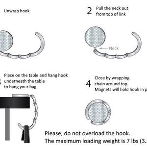 May include: Diagram illustrating the use of a silver bag hook. The instructions show how to unwrap, pull the neck out, place it on a table, and close it. The maximum loading weight is 7 lbs.