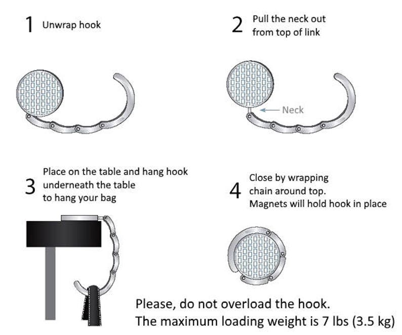 May include: Diagram illustrating the use of a silver bag hook. The instructions show how to unwrap, pull the neck out, place it on a table, and close it. The maximum loading weight is 7 lbs.