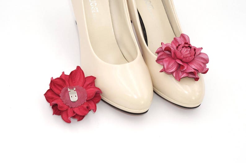 Shoe clips Genuine Leather Flower SHOE CLIPS, pearly pink leather rose floral shoe decoration, pumps flowers, shoe jewelry, shoe jewellery image 5