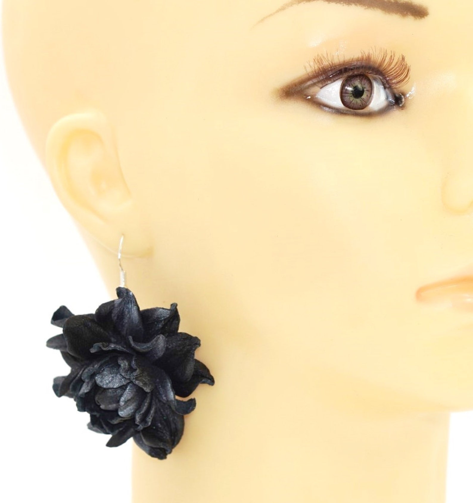 Genuine Leather Blacksilver Rose Earrings Blackrose Etsy