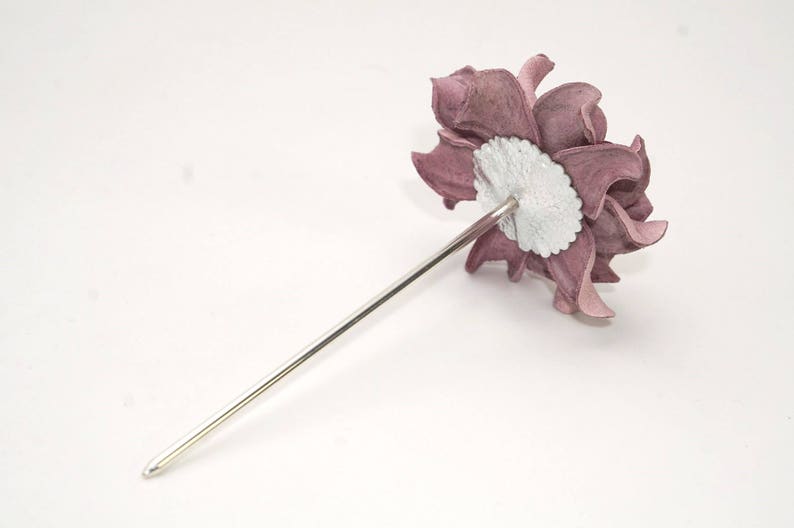 Metal floral hair stick 4 w flower genuine leather light purple rose 2 thin metal hair fork|Pink Hair flower|1 prong hair piece accessory
