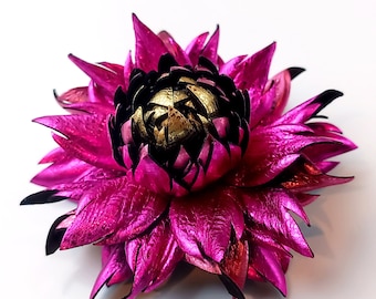 Real Metallic Magenta Leather Purse Flower, Hot Pink Dahlia Bag Charm, Leather Keychain OR Brooch | Genuine Leather Floral Jewellery|Ukraine