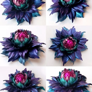 Exclusive Sapphire Blue Violet Leather Dahlia flower brooch pin OR Bag Charm OR Chameleon Blue Hair Clip/Barrette Dahlia Ukrainian Handmade image 7