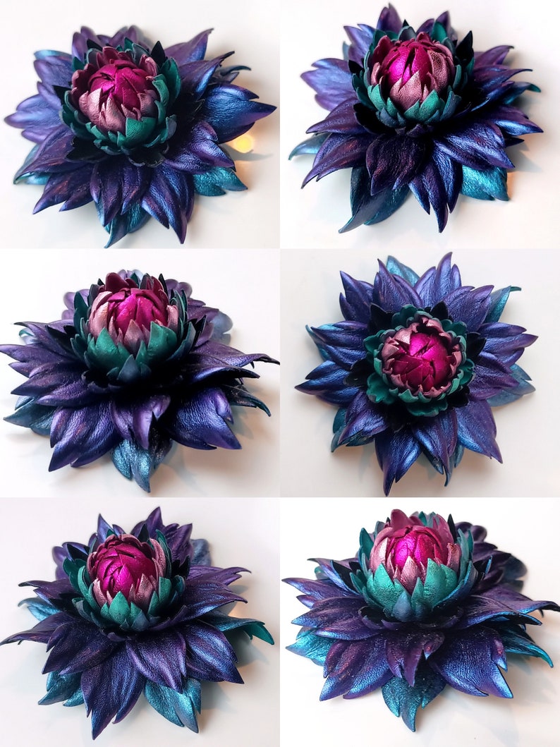 Exclusive Sapphire Blue Violet Leather Dahlia flower brooch pin OR Bag Charm OR Chameleon Blue Hair Clip/Barrette Dahlia Ukrainian Handmade image 7