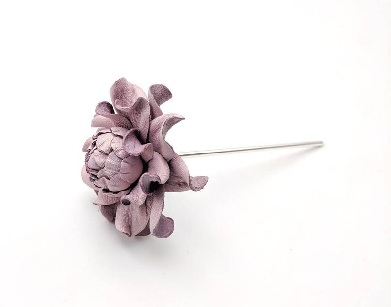 Metal floral hair stick 4 w flower genuine leather light purple rose 2 thin metal hair fork|Pink Hair flower|1 prong hair piece accessory