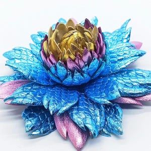 Metallic Leather Blue Reptile Dahlia: Aquamarine Reptile Floral Pin or Bag Charm, Purse Keychain