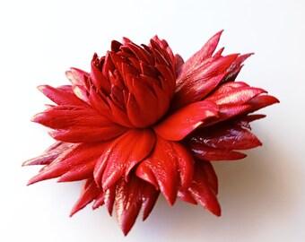Red Patent Leather Dahlia Brooch: Handmade Flower Pin, Bag Charm