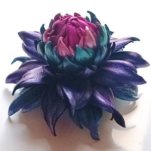 Exclusive Sapphire Blue Violet Leather Dahlia flower brooch pin OR Bag Charm OR Chameleon Blue Hair Clip/Barrette Dahlia Ukrainian Handmade image 6