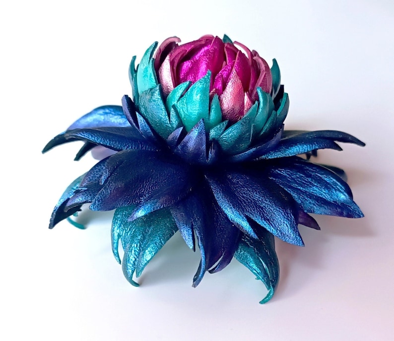 Exclusive Sapphire Blue Violet Leather Dahlia flower brooch pin OR Bag Charm OR Chameleon Blue Hair Clip/Barrette Dahlia Ukrainian Handmade image 2