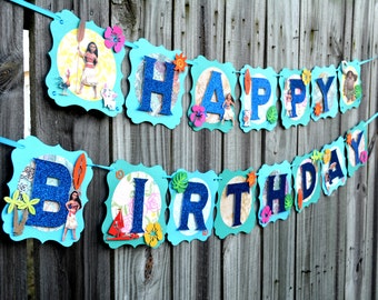 3D Moana Birthday Banner, Glittery Blue Letters, Handmade Party Decoration