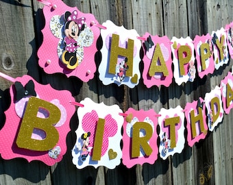 Minnie Mouse Birthday Banner, Gold Glitter, Handmade Party Decor