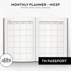 Passport TN Monthly Planner Undated Calendar, Month on 2 Pages Travelers Notebook Midori Passport Printable Inserts Monthly Planner