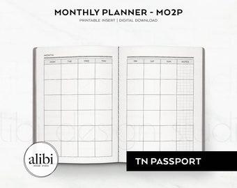 Passport TN Monthly Planner Undated Calendar, Month on 2 Pages Travelers Notebook Midori Passport Printable Inserts Monthly Planner