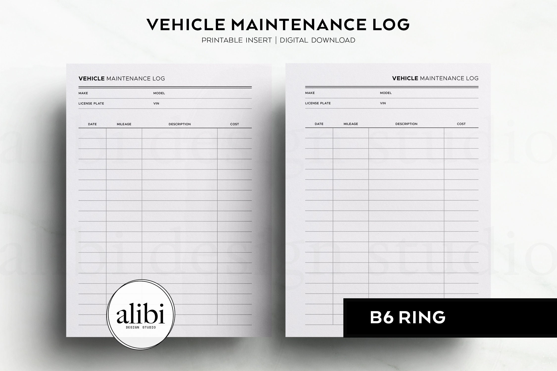 B6 Rings Printable Vehicle Maintenance Log B6 Printable Planner Inserts ...