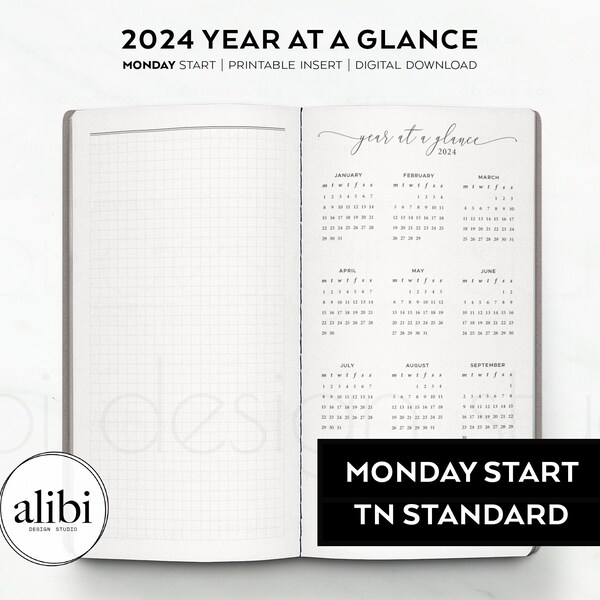 Standard TN 2024 Year At A Glance Dashboard 2024 Calendar Travelers Notebook Printable Inserts 2024 Midori Refill | MONDAY start