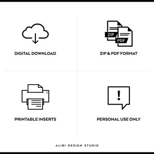 May include: Black and white icons representing digital download, printable inserts, zip and PDF format, and personal use only. The text "ALIBI DESIGN STUDIO" is at the bottom of the image.
