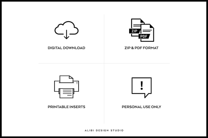 May include: Black and white icons representing digital download, printable inserts, zip and PDF format, and personal use only. The text "ALIBI DESIGN STUDIO" is at the bottom of the image.