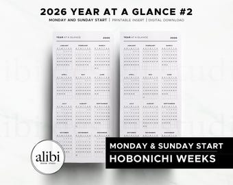 Printable Hobonichi Weeks 2026 Calendar Year at a Glance Hobo Weeks Planner Insert | Instant Download PDF | Monday and Sunday Start