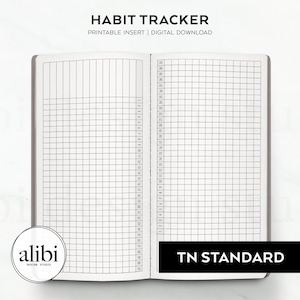May include: A printable habit tracker insert for a traveller's notebook. The insert is designed for a standard size traveller's notebook and has a grid pattern. The text "HABIT TRACKER" and "TN STANDARD" is printed on the page.