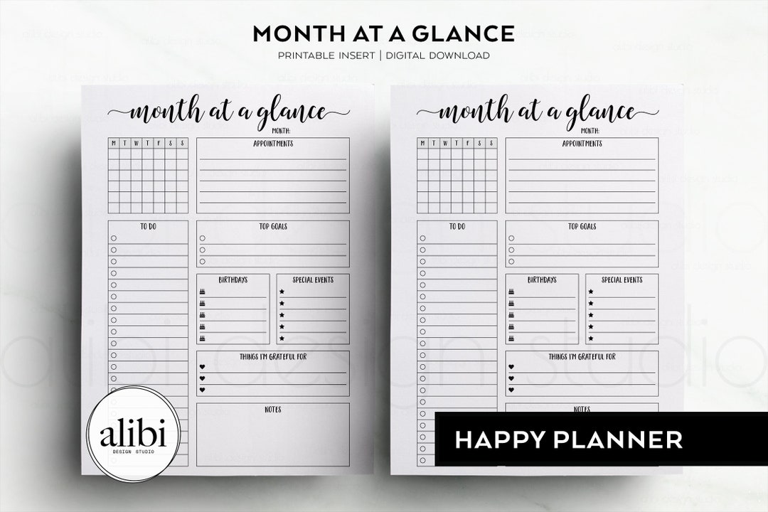 Happy Planner Monthly Planner Month at a Glance HP Classic Printable ...