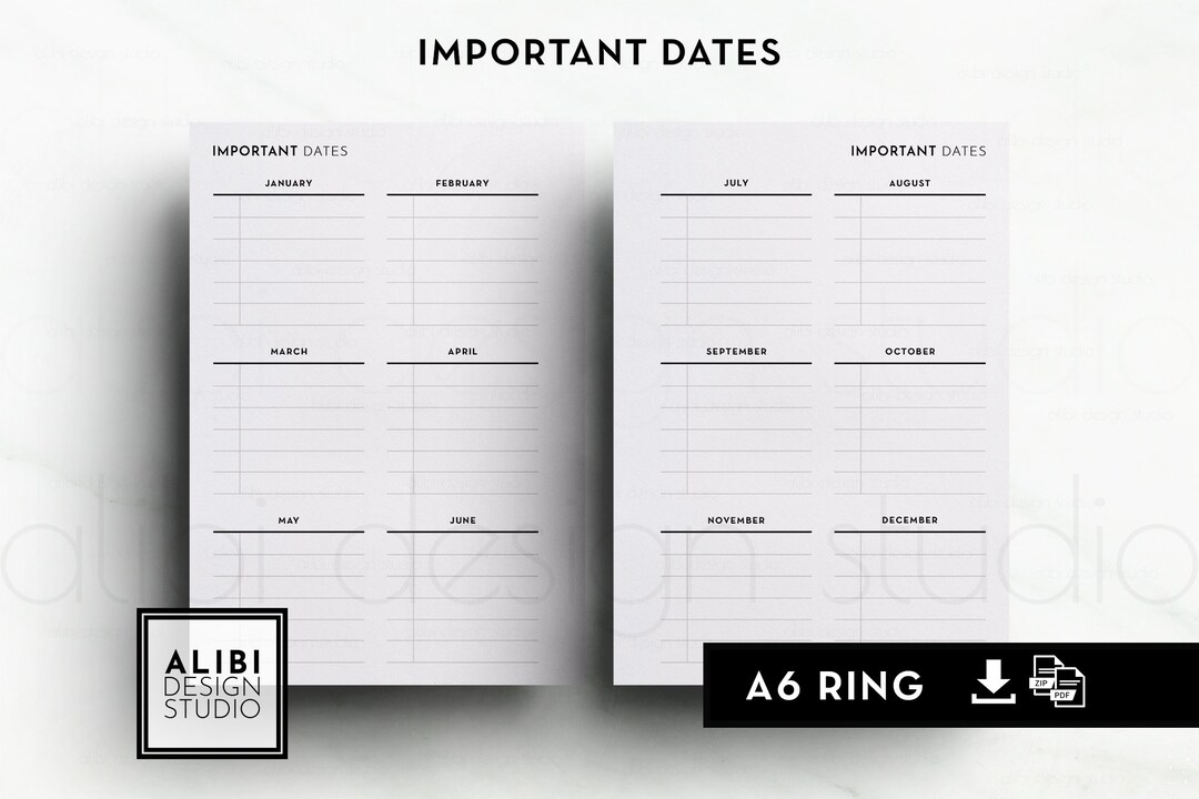 A6 Important Dates Yearly Overview Birthday Calendar A6 Planner Inserts ...