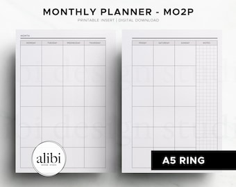 May include: A monthly planner printable insert labeled MO2P, featuring a two-page layout with a grid for Monday through Sunday and a notes section. The design is black and white with clear headers for each day of the week and a grid pattern for notes.