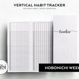 Op de afbeelding: Printbare verticale gewoontetracker voor Hobonichi Weeks. De tracker heeft een rasterindeling met 31 rijen en 7 kolommen. Het woord "tracker" staat bovenaan de pagina in cursief.
