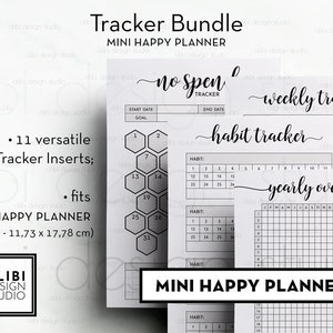 May include: A black and white printable planner tracker bundle for a mini happy planner. The bundle includes a no spend tracker, weekly tracker, habit tracker, and yearly overview. The planner is 11.73 cm by 17.78 cm.