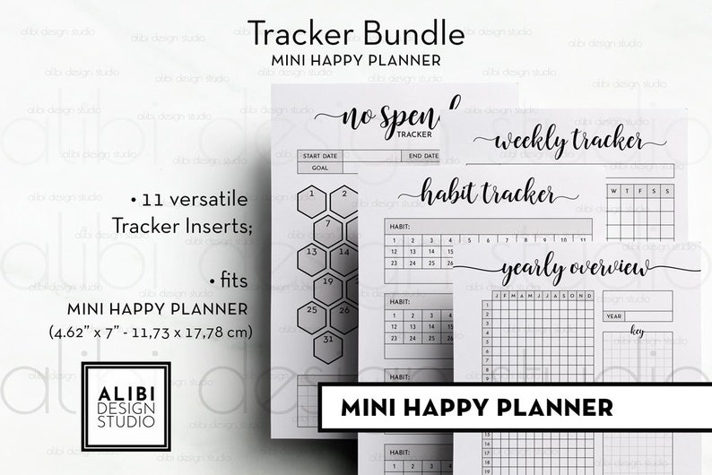 May include: A black and white printable planner tracker bundle for a mini happy planner. The bundle includes a no spend tracker, weekly tracker, habit tracker, and yearly overview. The planner is 11.73 cm by 17.78 cm.