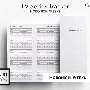 May include: A printable TV series tracker for Hobonichi Weeks planners. The tracker has space for five TV series with columns for title, season, number of episodes, and a grid to mark off episodes watched.