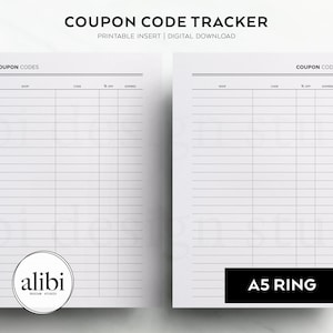 A5 Printable Coupon Code Tracker Shopping Budget Planner A5 Printable Planner Inserts