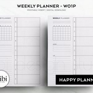 May include: Printable weekly planner insert for the Happy Planner. The planner has a grid layout with space for daily tasks, priorities, and notes. The planner is black and white.