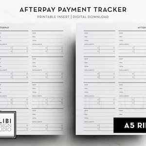 Pode incluir: Um inserto imprimível para pasta de argolas A5 para acompanhar os pagamentos Afterpay. O inserto tem duas páginas com seções para o nome da loja, o item, o total e as parcelas.