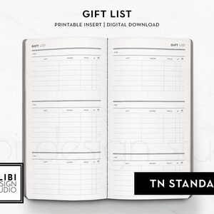 Standard TN Gift List Shopping List Gift Tracker Traveler's Notebook Printable Insert Refill