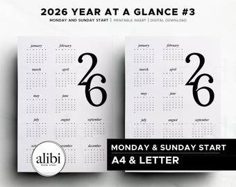 Printable A4 US Letter 2026 Calendar - Year at a Glance Planner Insert | Instant Download PDF | Monday and Sunday Start