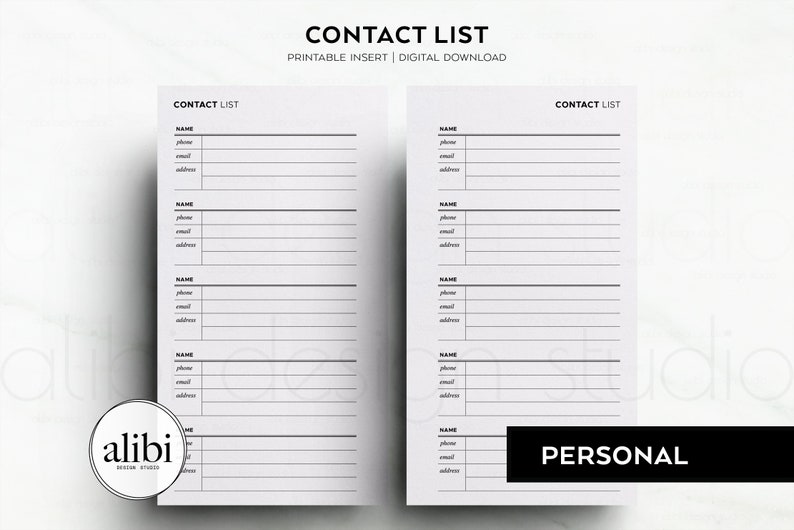 Personal Contact List Planner Inserts Contact Information Address Book ...