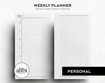May include: A black and white printable weekly planner insert with a gridded section labeled "PERSONAL" and a section for writing the week of with space for daily notes.