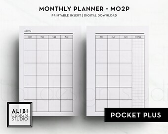 May include: A monthly planner printable insert labeled MO2P and POCKET PLUS. The layout features two white pages with black grid lines, headers for days of the week from Monday to Sunday, and a dedicated notes column with a grid pattern.