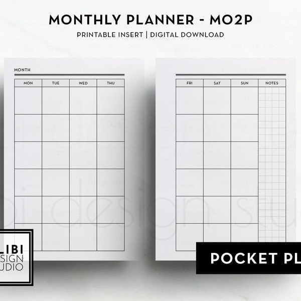 Pocket Plus Monthly Planner Undated Calendar Pocket XL Printable Planner Inserts Month on 2 Pages, Minimal Planner Monthly Overview | Mo2P