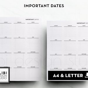 May include: Two printable pages with a calendar layout for important dates. Each page has a grid with the months of the year listed across the top and lines for writing in dates. The title "IMPORTANT DATES" is at the top of each page. The text "A4 & LETTER" is at the bottom of the page.