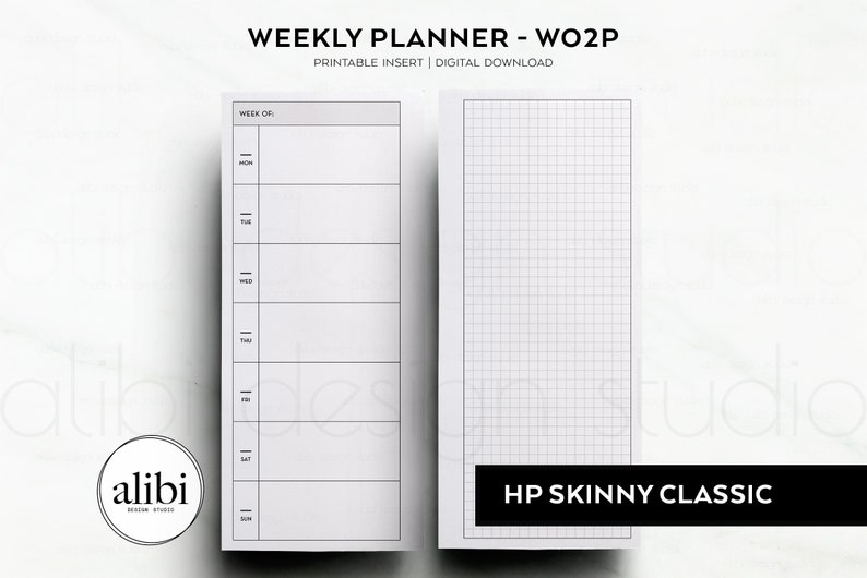 May include: A printable weekly planner insert with a blank daily schedule on the left and a gridded page on the right. The text "WEEKLY PLANNER - WO2P" is at the top of the page. The text "PRINTABLE INSERT | DIGITAL DOWNLOAD" is below the title. The text "WEEK OF" is at the top of the blank daily schedule. The text "HP SKINNY CLASSIC" is at the bottom of the gridded page.