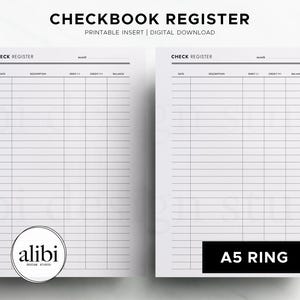 Op de afbeelding: Twee witte chequeboekregisterpagina's met een rasterindeling voor financiële tracking. De bovenkant van elke pagina leest "CHECK REGISTER" en bevat velden voor datum, beschrijving, debet, credit en saldo. De tekst "CHECKBOOK REGISTER" staat bovenaan.