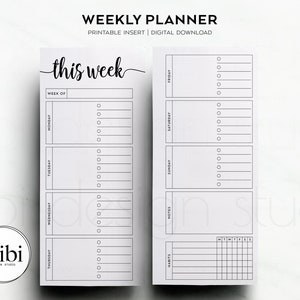 May include: A minimalist weekly planner with the text "WEEKLY PLANNER" and "this week". The planner features sections for each day of the week, with checkboxes for tasks and a habit tracker. The design is simple and clean, with a white background.