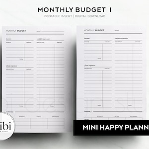 May include: Printable monthly budget planner with sections for income, variable expenses, fixed expenses, and a summary. The planner is designed for use with a mini happy planner.