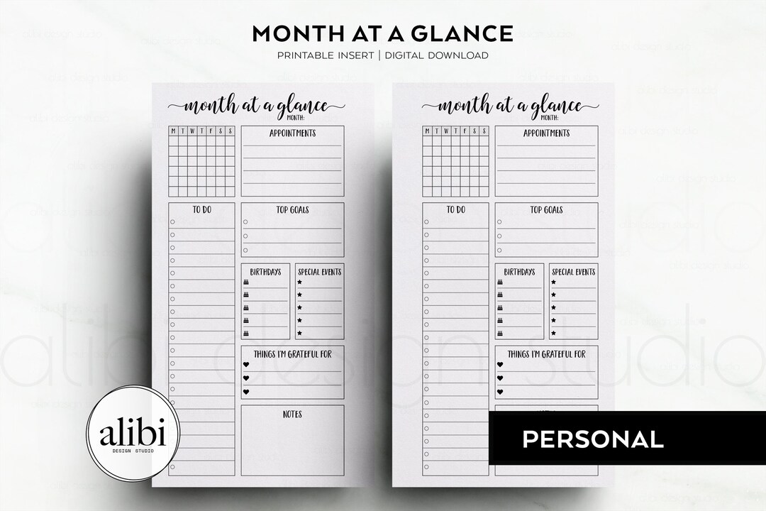 Personal Monthly Planner Month at a Glance Personal Printable Planner ...