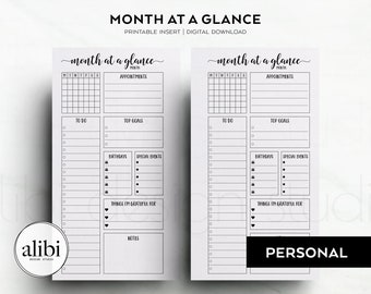 Personal Monthly Planner Month at a Glance Personal Printable Planner Inserts Monthly Overview Month on One Page Birthday Calendar