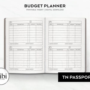 Puede incluir: Un planificador de presupuesto abierto con cuatro cuadrículas de seguimiento financiero idénticas. Cada cuadrícula tiene columnas para fecha, descripción, cantidad y saldo, con campos para presupuesto inicial y final. Texto: BUDGET PLANNER, PRINTABLE INSERT, DIGITAL DOWNLOAD, TN PASSPORT.