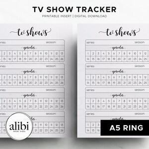 Op de afbeelding: Een afdrukbare tv-show tracker met de titel "TV SHOW TRACKER" bovenaan. Het ontwerp bevat ruimtes om series, seizoenen en afleveringen bij te houden. De woorden "tv shows" zijn cursief geschreven. De rechter benedenhoek zegt "A5 RING".