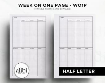 Half Letter Undated Weekly Planner Insert | WO1P Grid Layout | Minimal Week on One Page PDF Digital Download Half Letter Printable Inserts